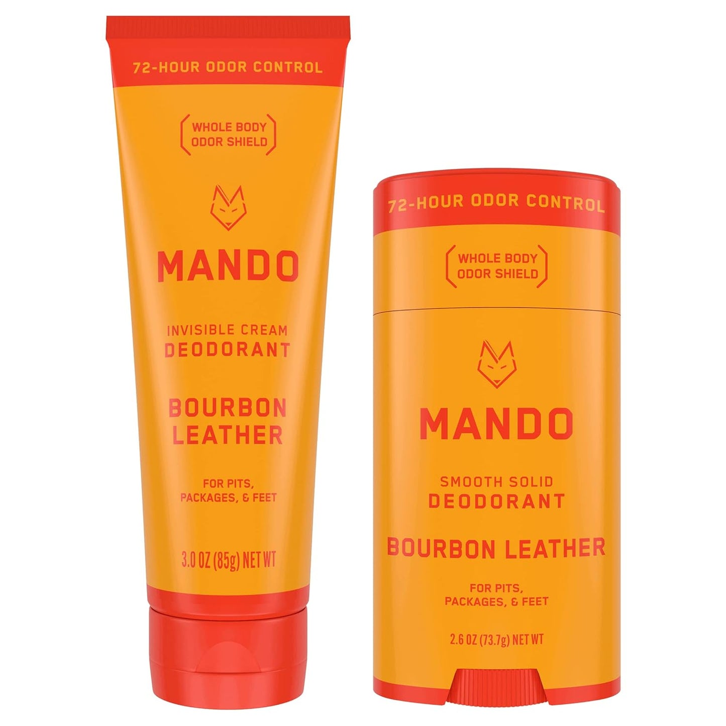 Mando Whole Body Deodorant - Invisible Cream Tube and Solid Stick - 72 Hour Odor Control - Aluminum Free, Baking Soda Free, Skin Safe - 3.0 Oz Tube and 2.6 Oz Solid Stick - Bourbon Leather